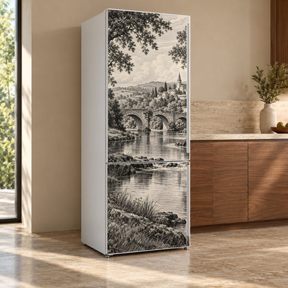 Engraving River Landscape fridge wrap, refrigerator shown at an angle