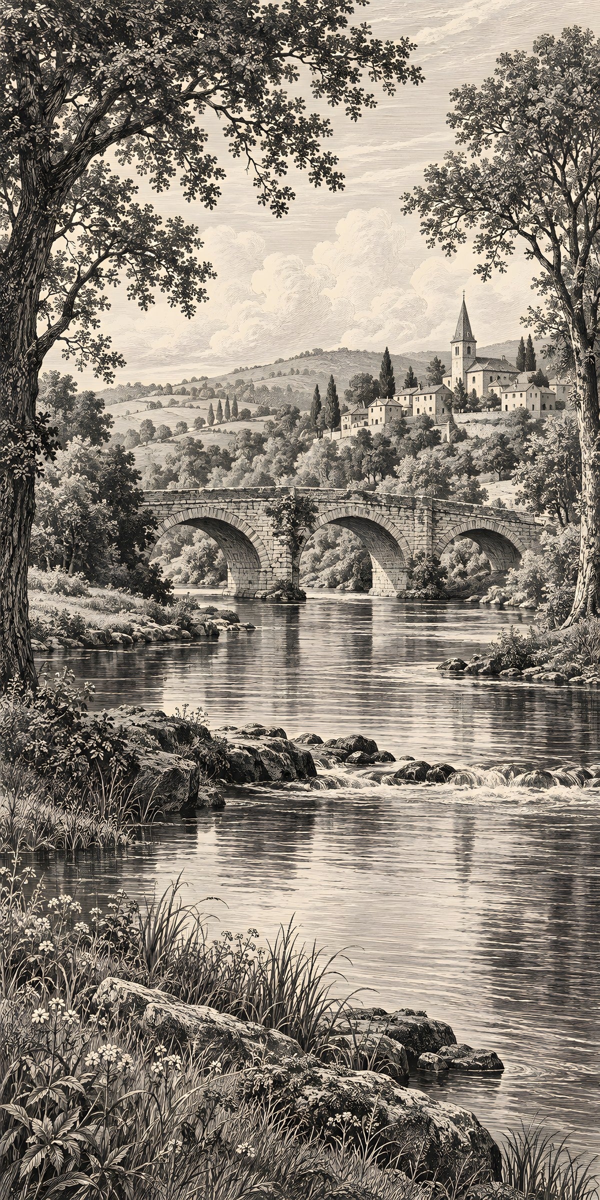 Engraving River Landscape fridge wrap full design