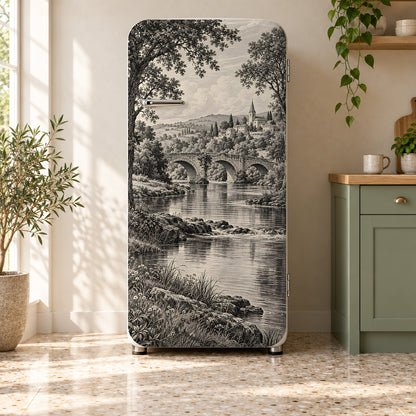 Engraving River Landscape fridge wrap on a retro refrigerator