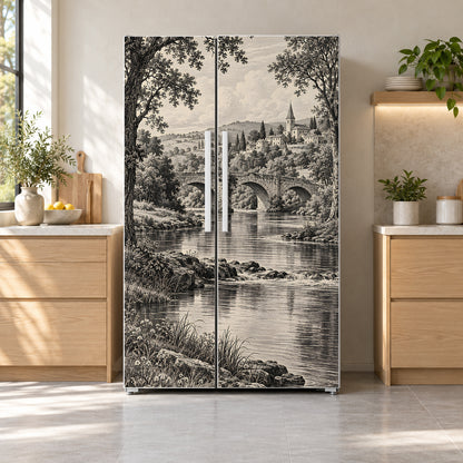 Engraving River Landscape fridge wrap on a side-by-side refrigerator