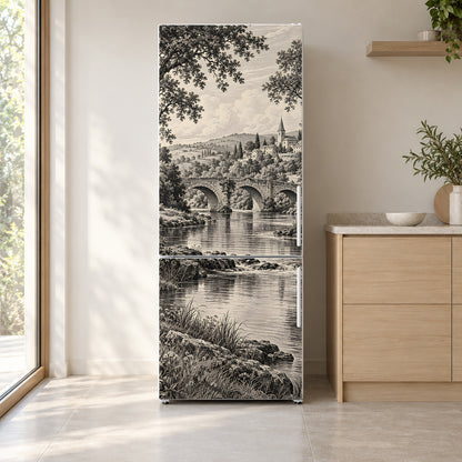 Engraving River Landscape fridge wrap on a white refrigerator in a bright kitchen