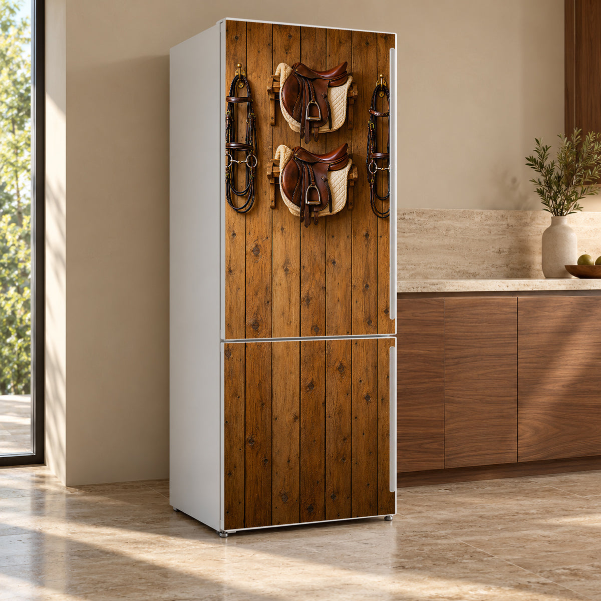 Equestrian Tack Room fridge wrap, refrigerator shown at an angle