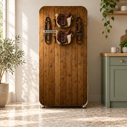 Equestrian Tack Room fridge wrap on a retro refrigerator
