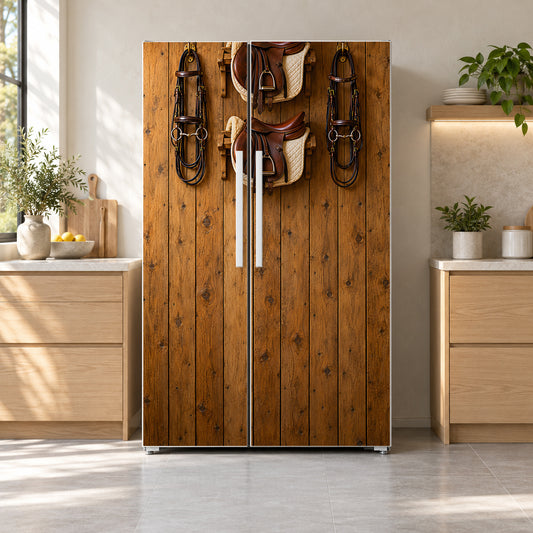 Equestrian Tack Room fridge wrap on a side-by-side refrigerator