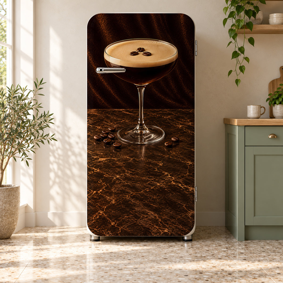 Espresso Martini fridge wrap on a retro refrigerator