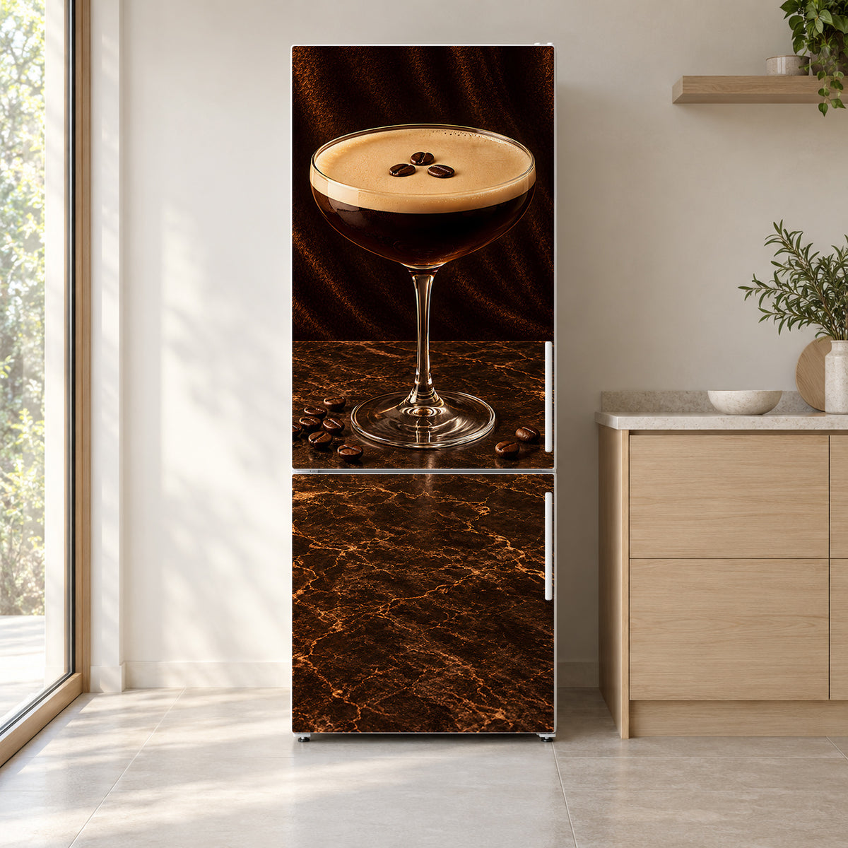 Espresso Martini fridge wrap on a white refrigerator in a bright kitchen