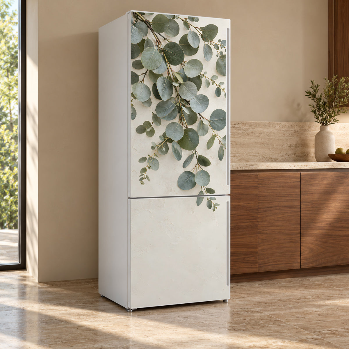 Eucalyptus Branches fridge wrap, refrigerator shown at an angle