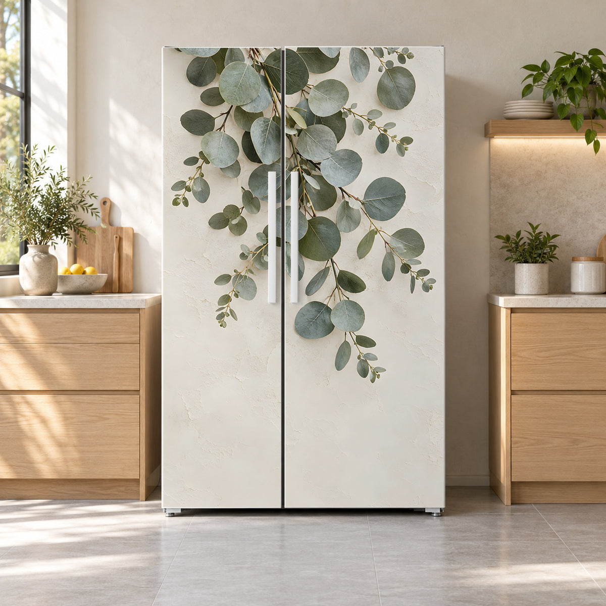 Eucalyptus Branches fridge wrap on a side-by-side refrigerator