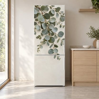 Eucalyptus Branches fridge wrap on a white refrigerator in a bright kitchen