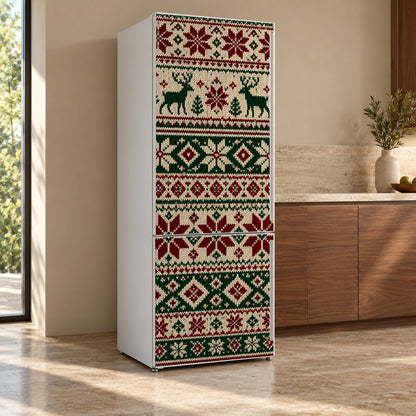 Fair Isle Sweater Knit fridge wrap, refrigerator shown at an angle