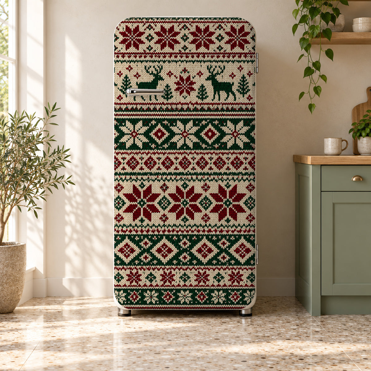 Fair Isle Sweater Knit fridge wrap on a retro refrigerator