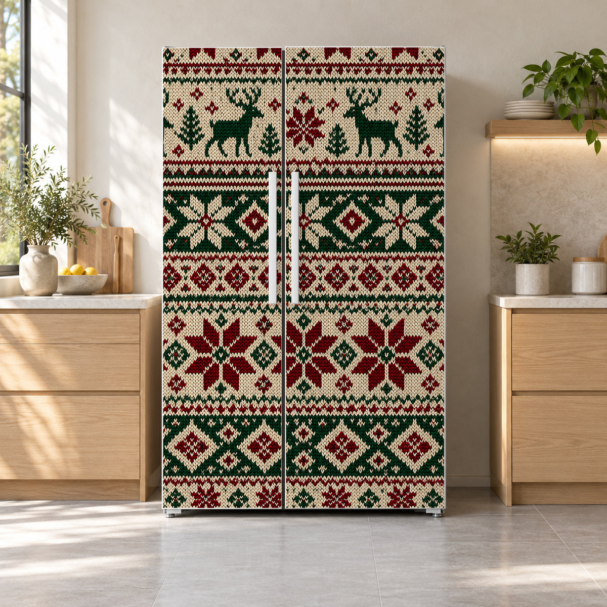 Fair Isle Sweater Knit fridge wrap on a side-by-side refrigerator