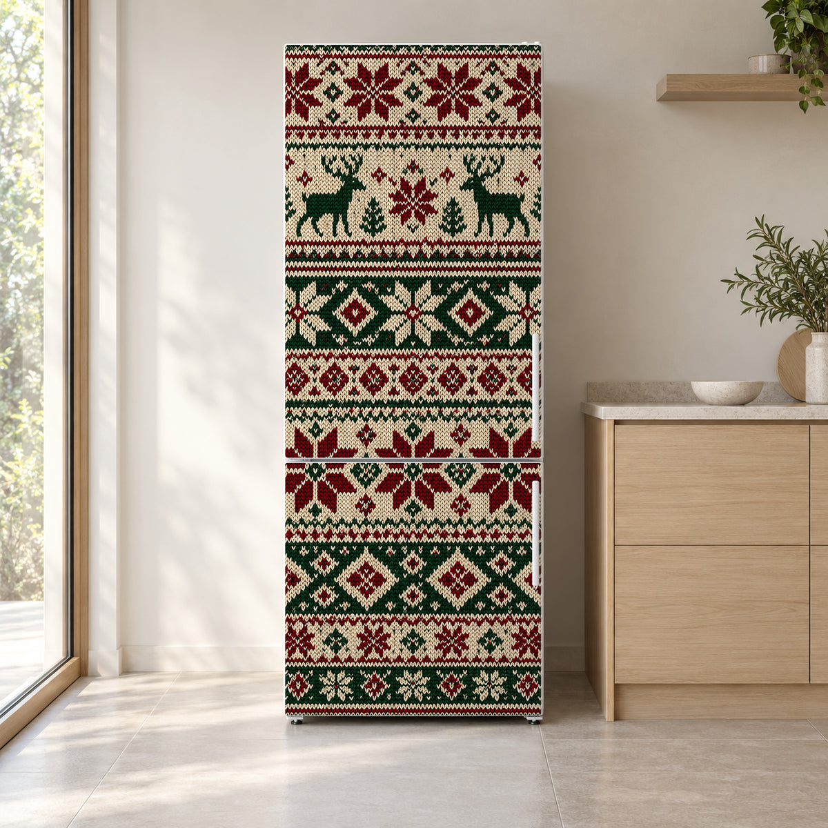 Fair Isle Sweater Knit fridge wrap on a white refrigerator in a bright kitchen