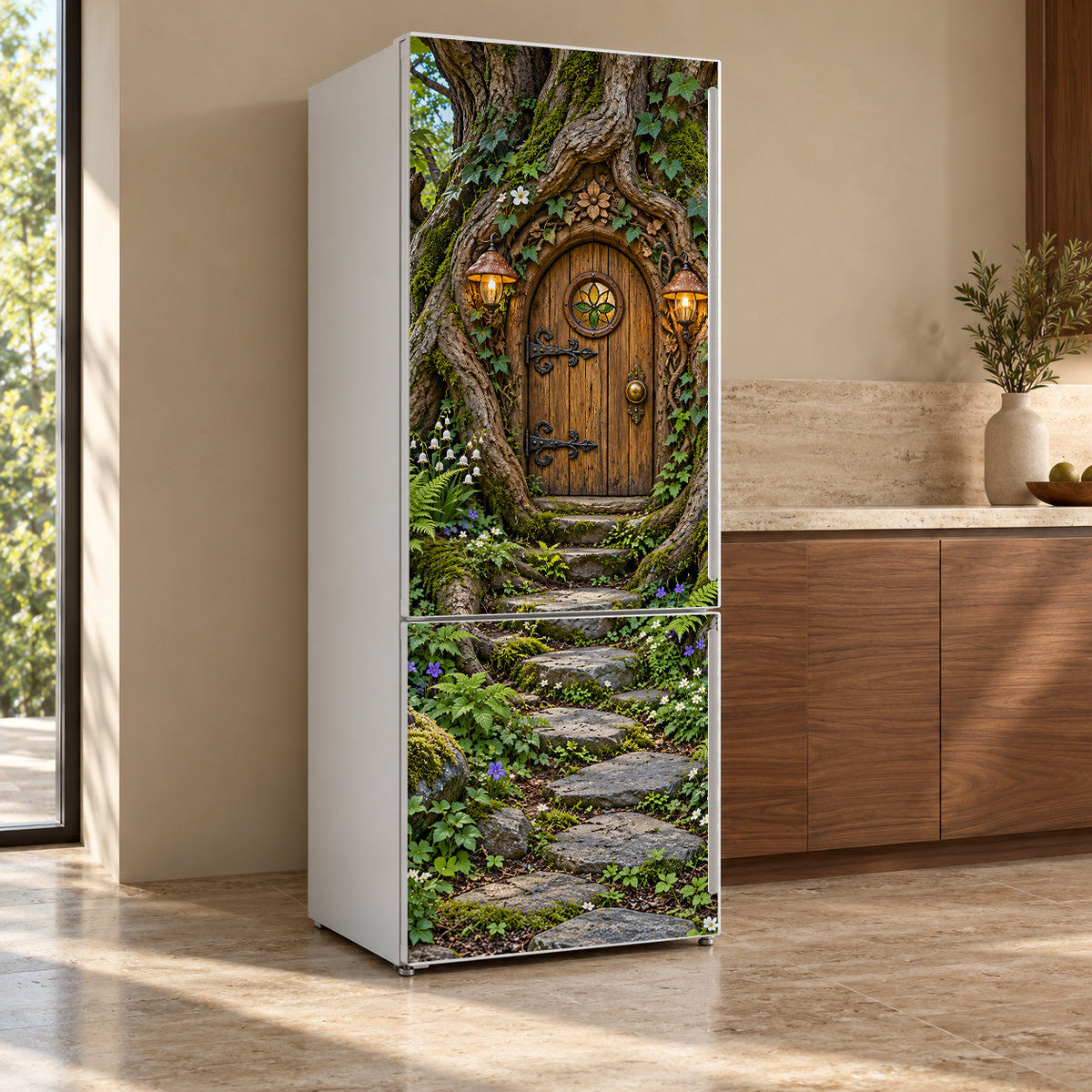 Fairy Door in a Tree fridge wrap, refrigerator shown at an angle