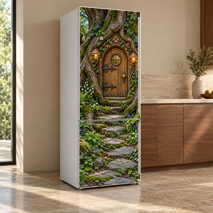 Fairy Door in a Tree fridge wrap, refrigerator shown at an angle