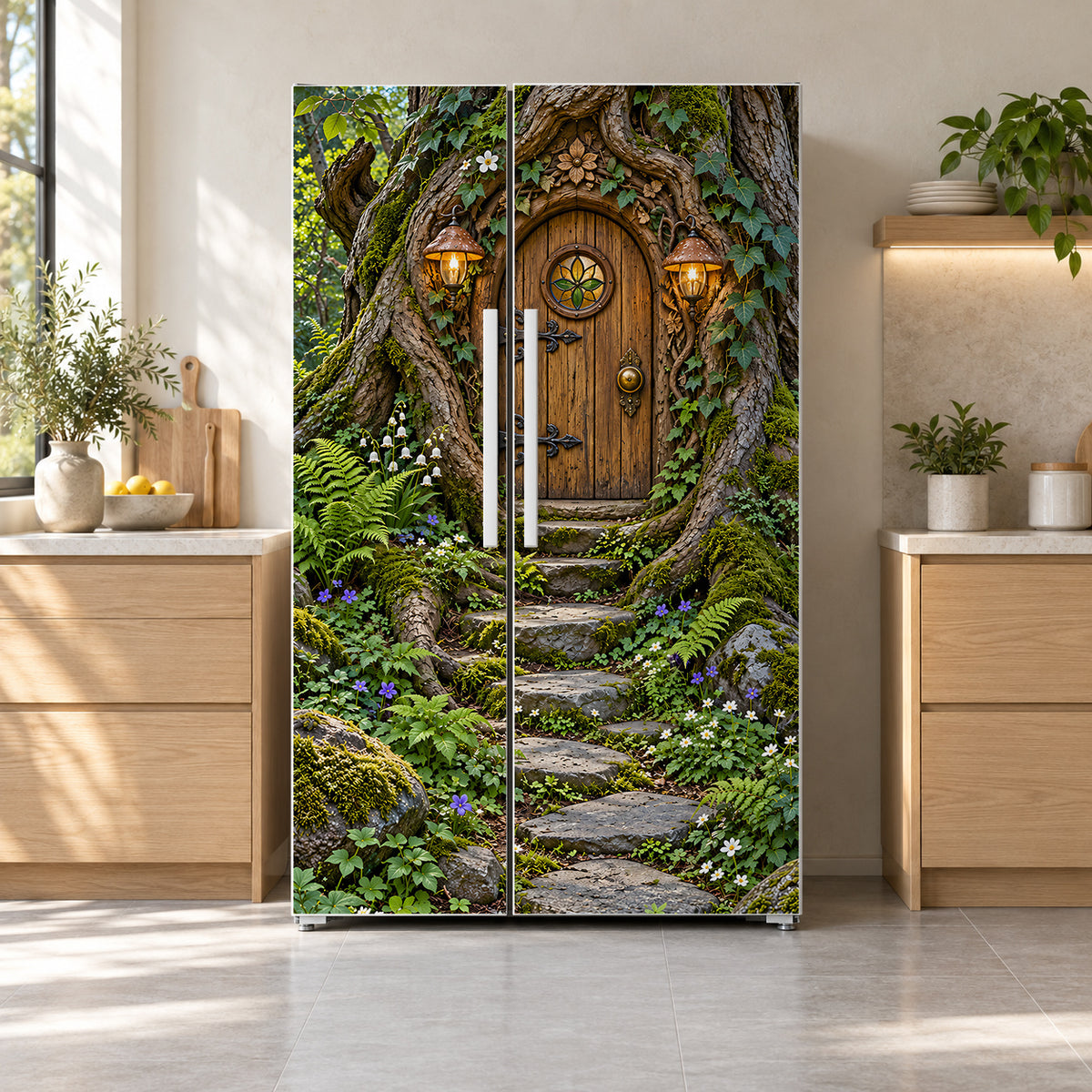Fairy Door in a Tree fridge wrap on a side-by-side refrigerator