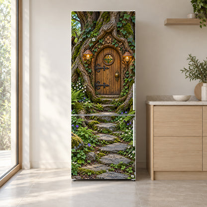 Fairy Door in a Tree fridge wrap on a white refrigerator in a bright kitchen