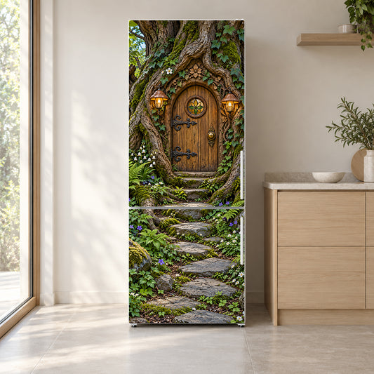 Fairy Door in a Tree fridge wrap on a white refrigerator in a bright kitchen