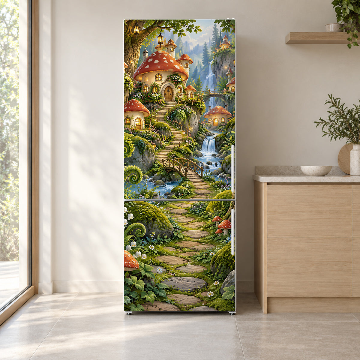 Fairy Forest fridge wrap on a white refrigerator in a bright kitchen