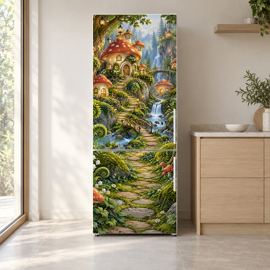 Fairy Forest fridge wrap on a white refrigerator in a bright kitchen