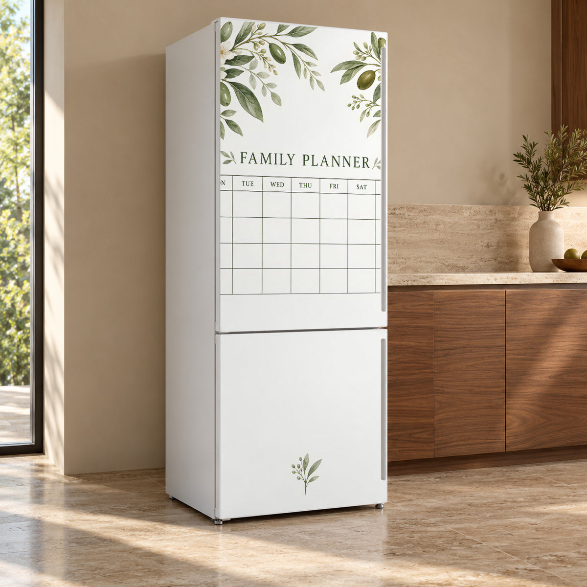 Family Planner fridge wrap, refrigerator shown at an angle
