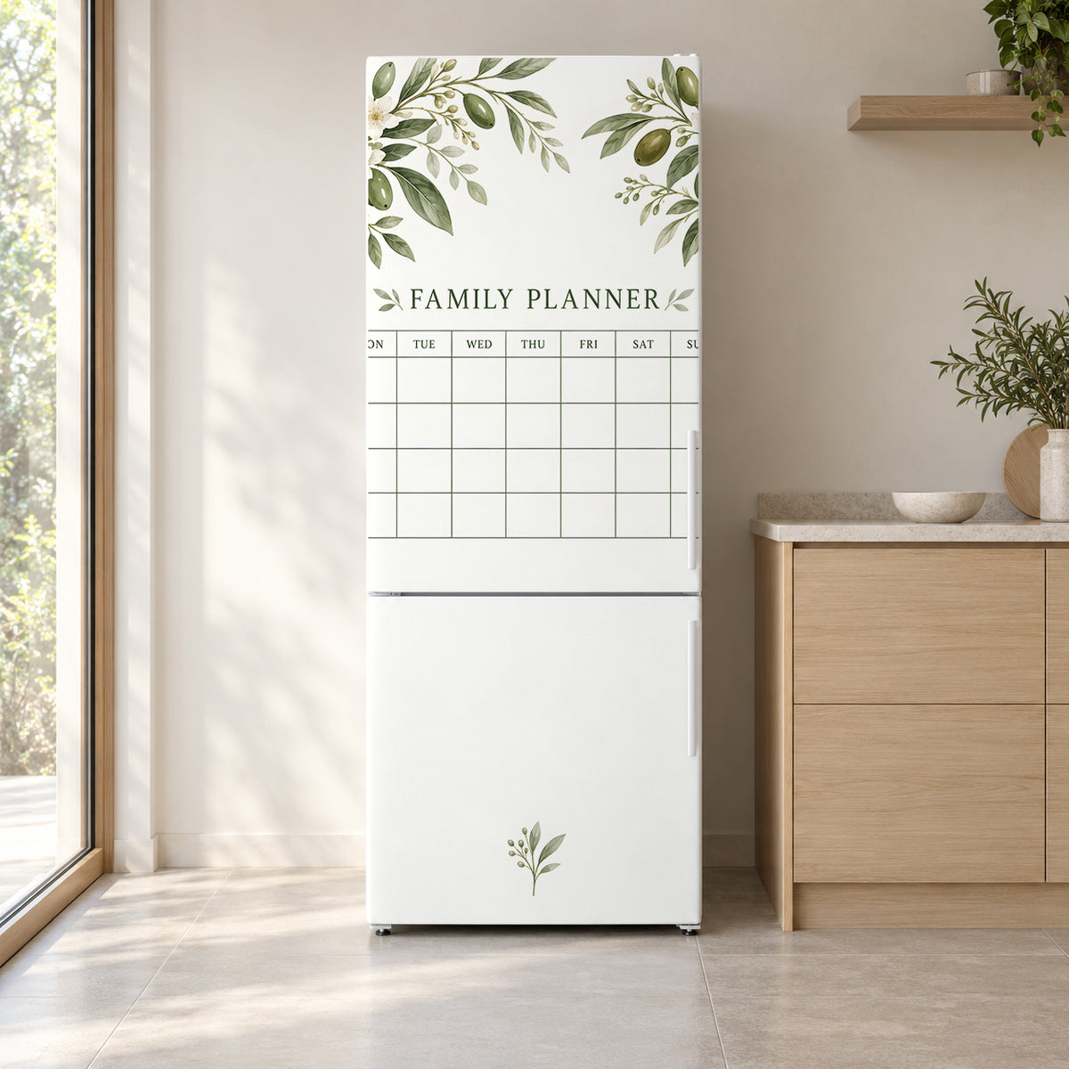Family Planner fridge wrap on a white refrigerator in a bright kitchen
