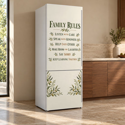Family Rules fridge wrap, refrigerator shown at an angle