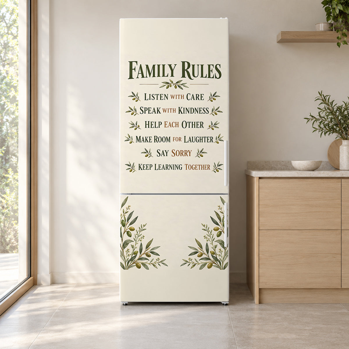 Family Rules fridge wrap on a white refrigerator in a bright kitchen