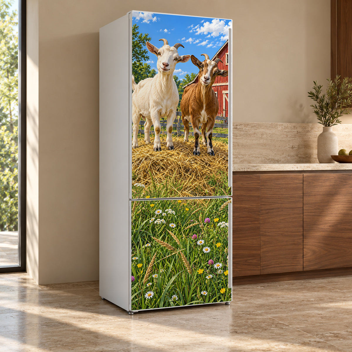 Farm Goats fridge wrap, refrigerator shown at an angle