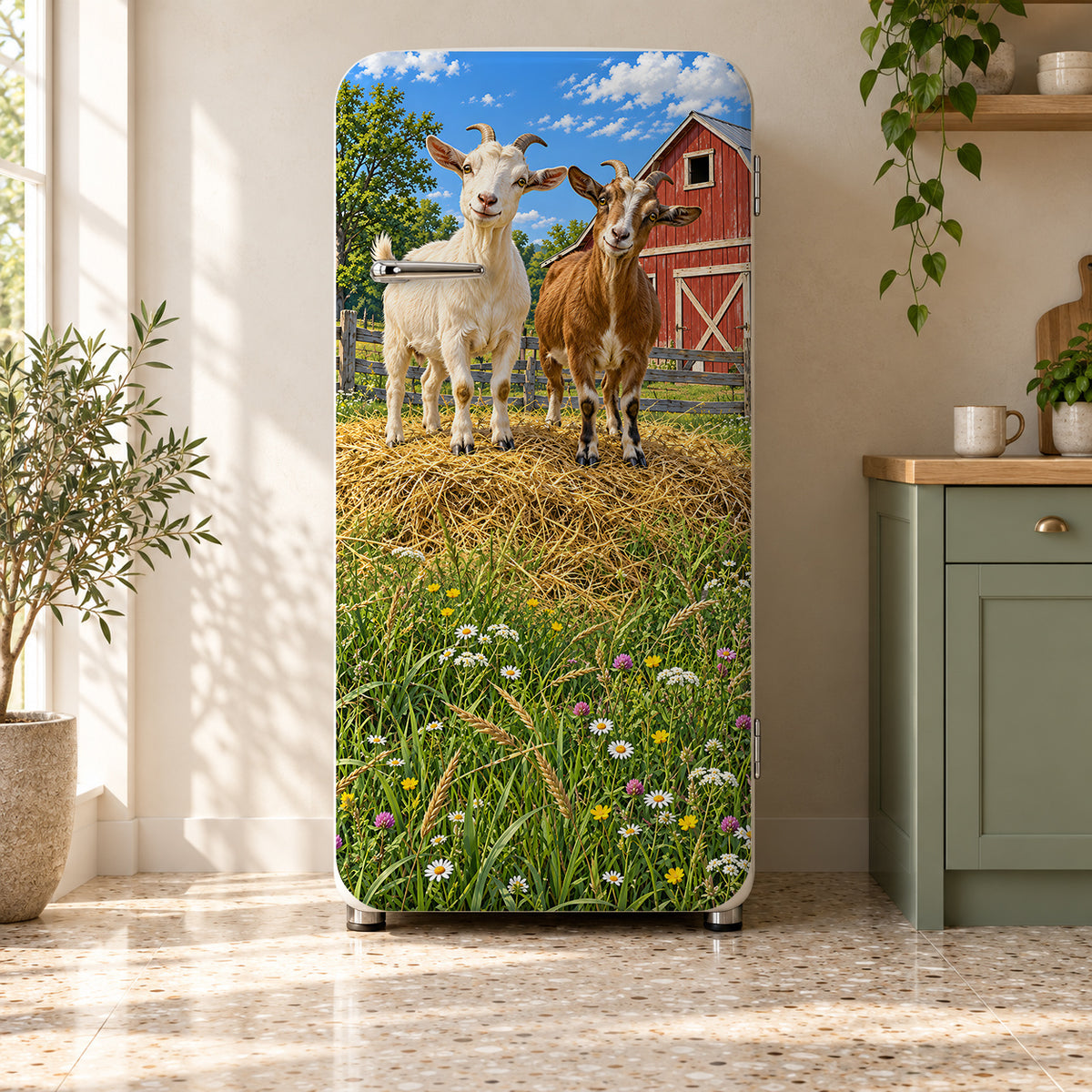 Farm Goats fridge wrap on a retro refrigerator