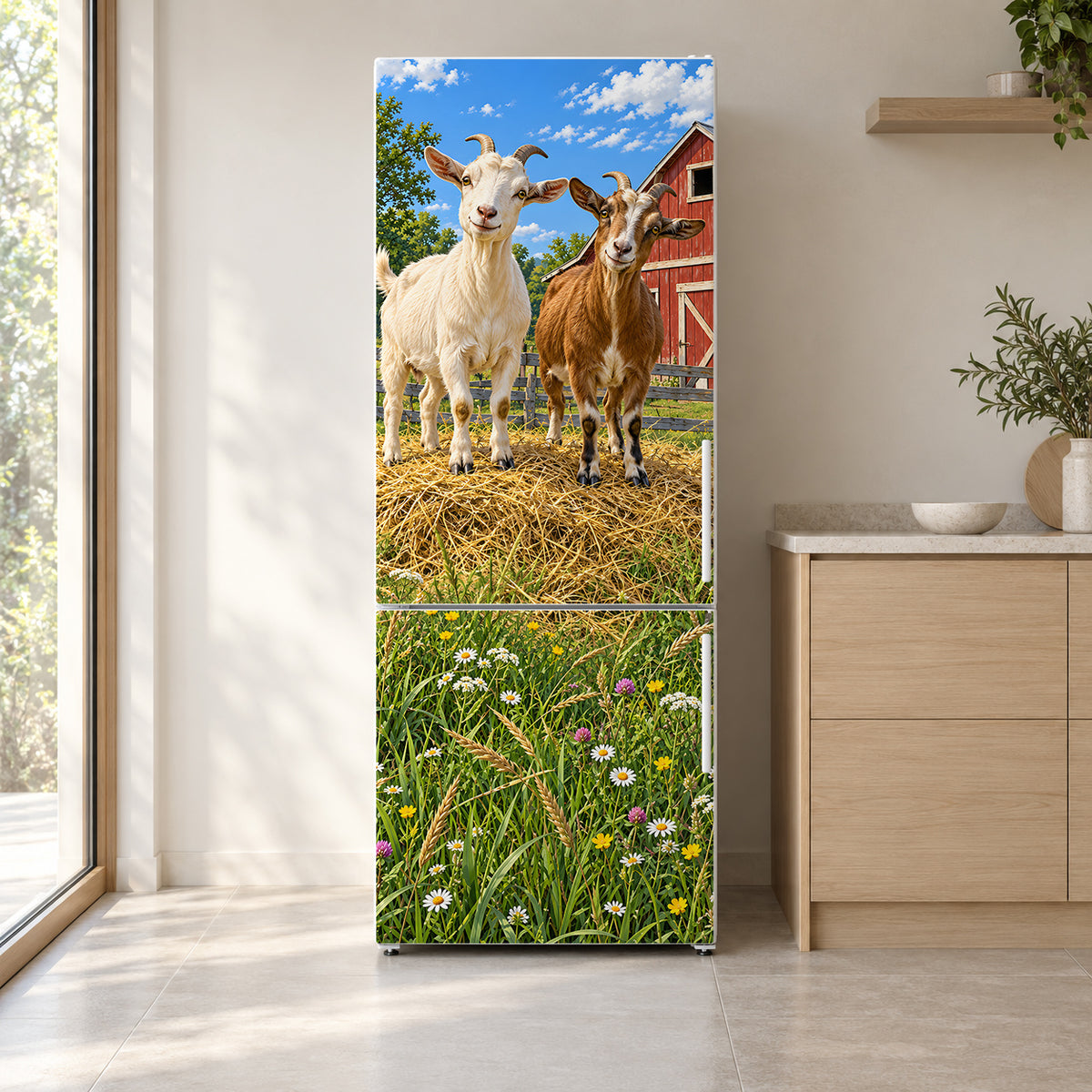Farm Goats fridge wrap on a white refrigerator in a bright kitchen