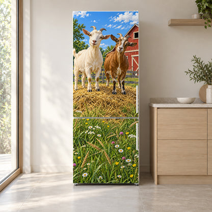 Farm Goats fridge wrap on a white refrigerator in a bright kitchen