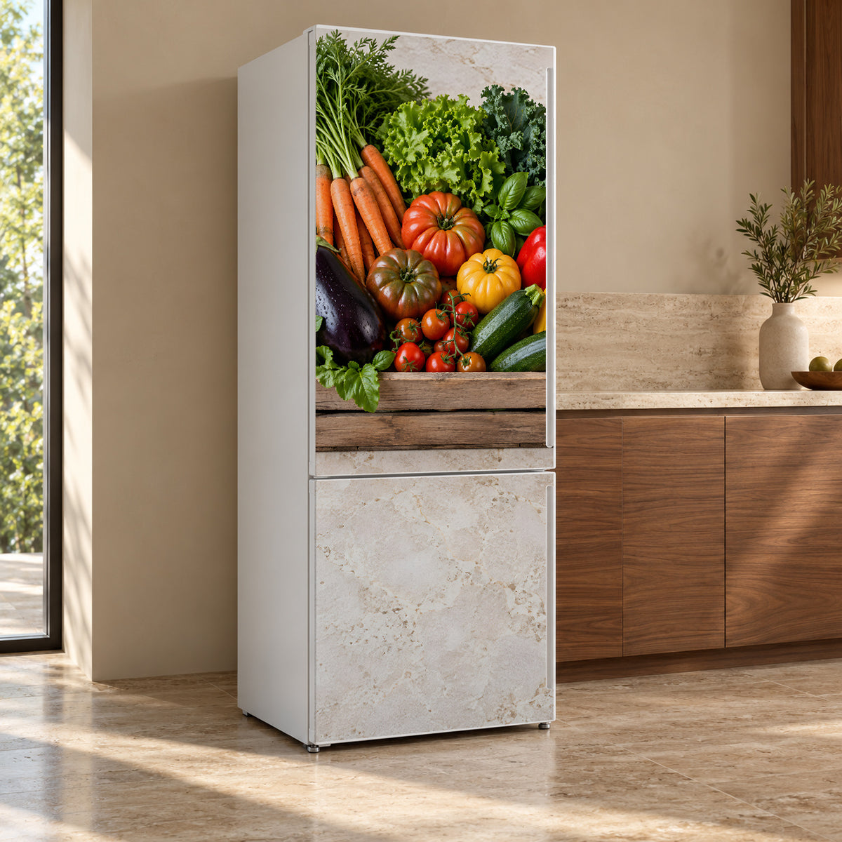 Farmers Market Vegetables fridge wrap, refrigerator shown at an angle