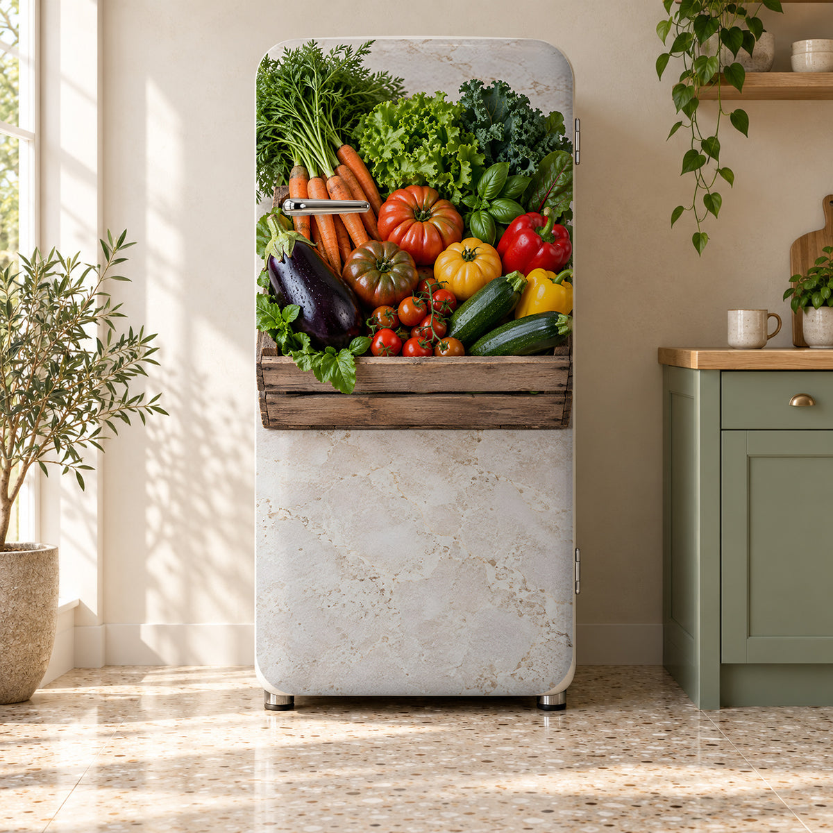 Farmers Market Vegetables fridge wrap on a retro refrigerator