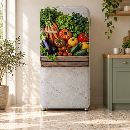 Farmers Market Vegetables fridge wrap on a retro refrigerator