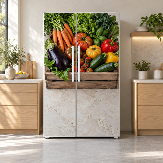 Farmers Market Vegetables fridge wrap on a side-by-side refrigerator