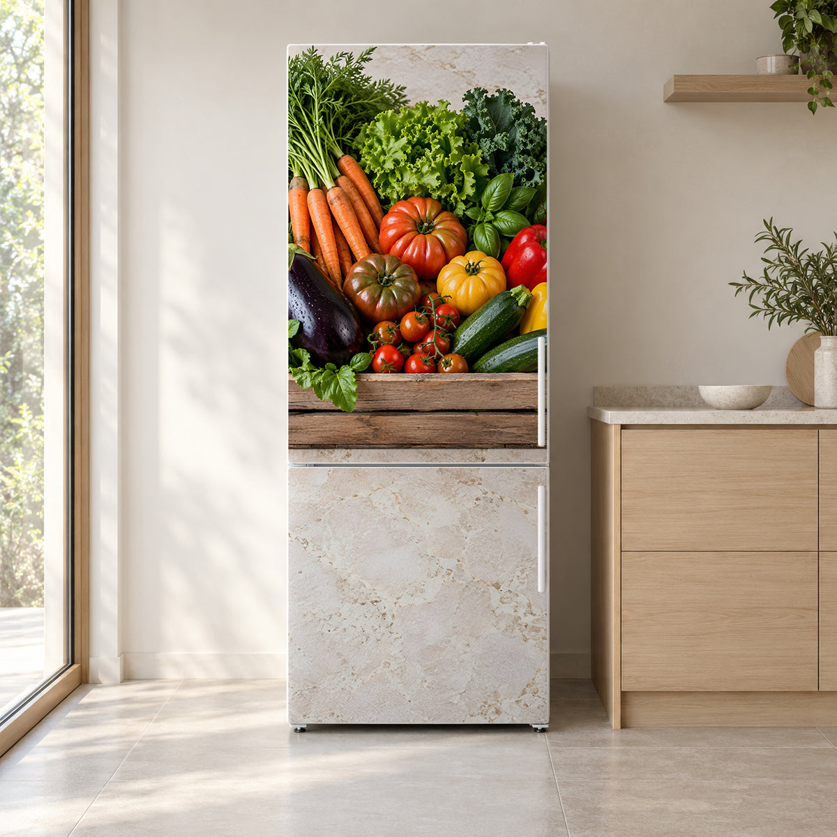 Farmers Market Vegetables fridge wrap on a white refrigerator in a bright kitchen