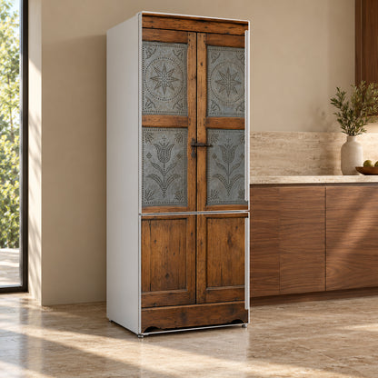 Farmhouse Pie Safe fridge wrap, refrigerator shown at an angle