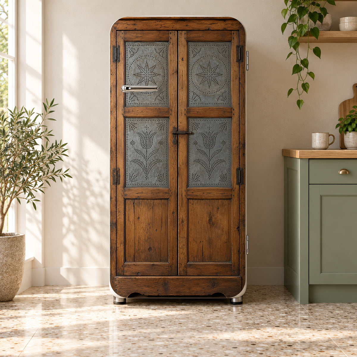 Farmhouse Pie Safe fridge wrap on a retro refrigerator