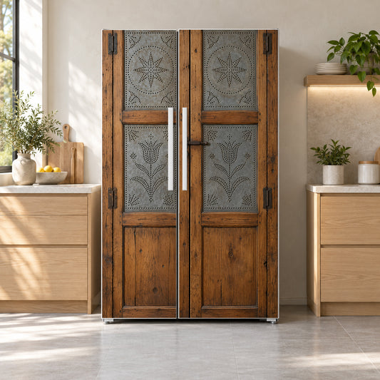 Farmhouse Pie Safe fridge wrap on a side-by-side refrigerator