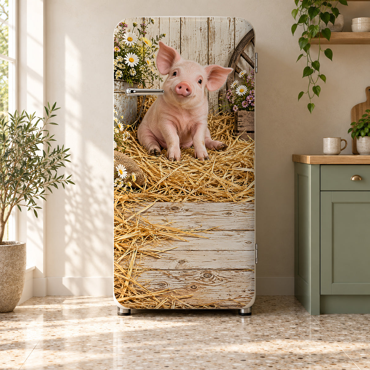 Farmhouse Piglet fridge wrap on a retro refrigerator