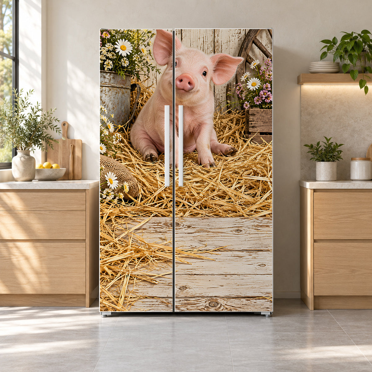 Farmhouse Piglet fridge wrap on a side-by-side refrigerator