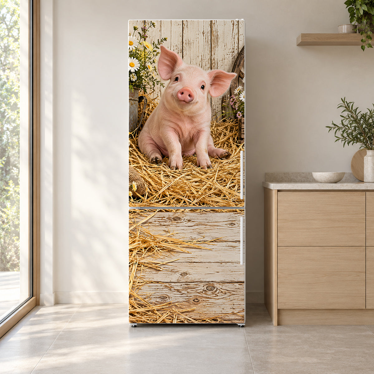 Farmhouse Piglet fridge wrap on a white refrigerator in a bright kitchen