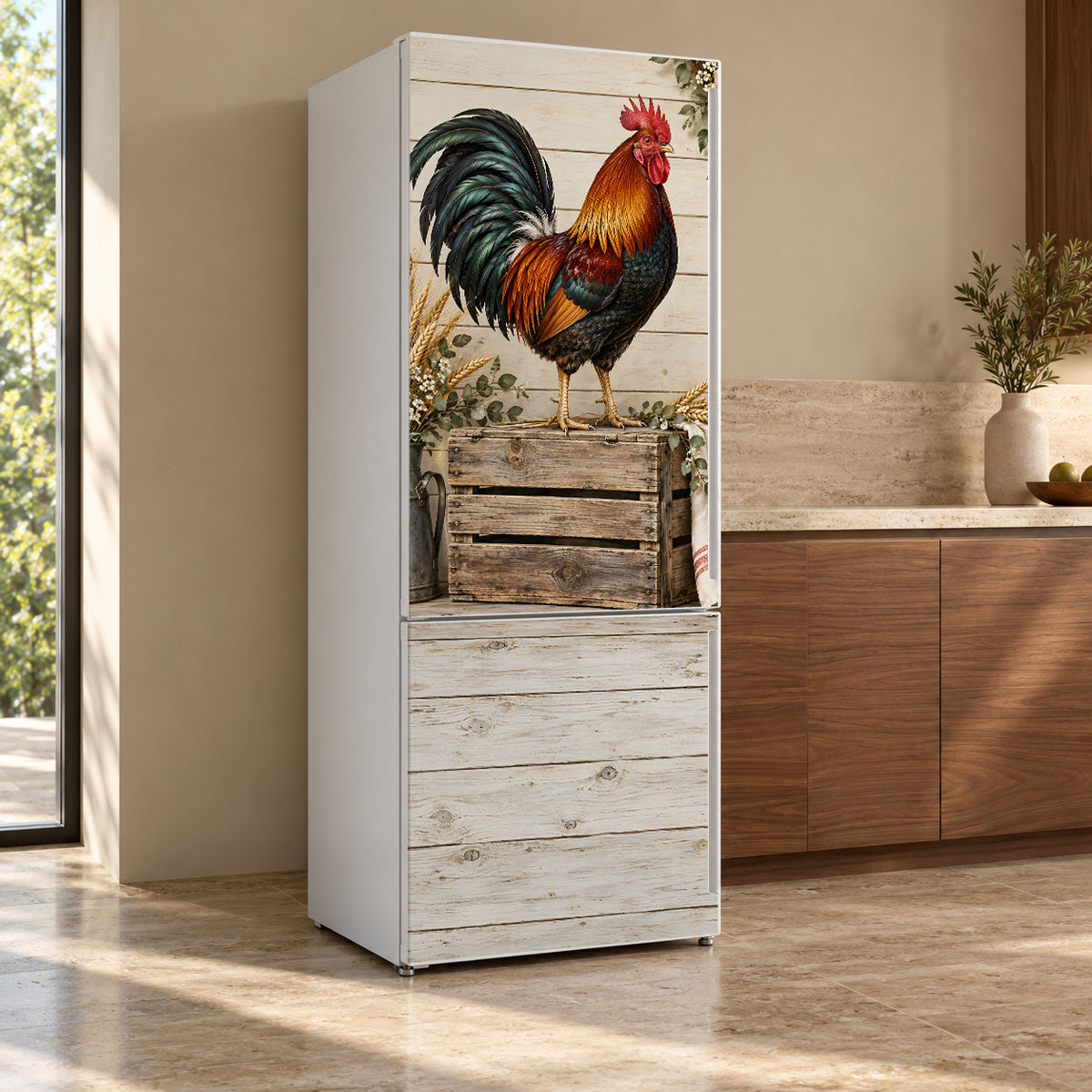 Farmhouse Rooster fridge wrap, refrigerator shown at an angle