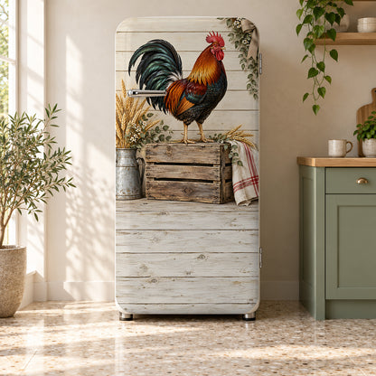 Farmhouse Rooster fridge wrap on a retro refrigerator