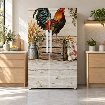 Farmhouse Rooster fridge wrap on a side-by-side refrigerator