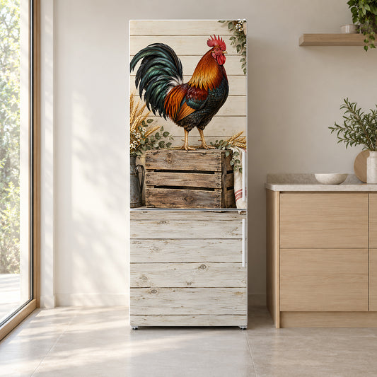 Farmhouse Rooster fridge wrap on a white refrigerator in a bright kitchen