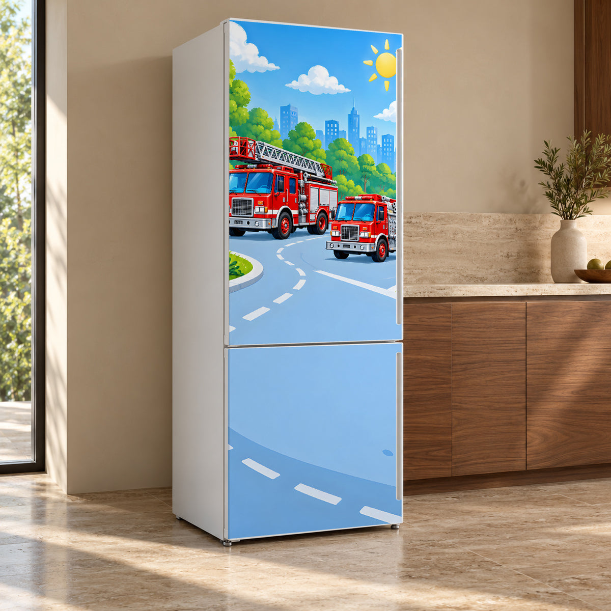 Fire Trucks fridge wrap, refrigerator shown at an angle