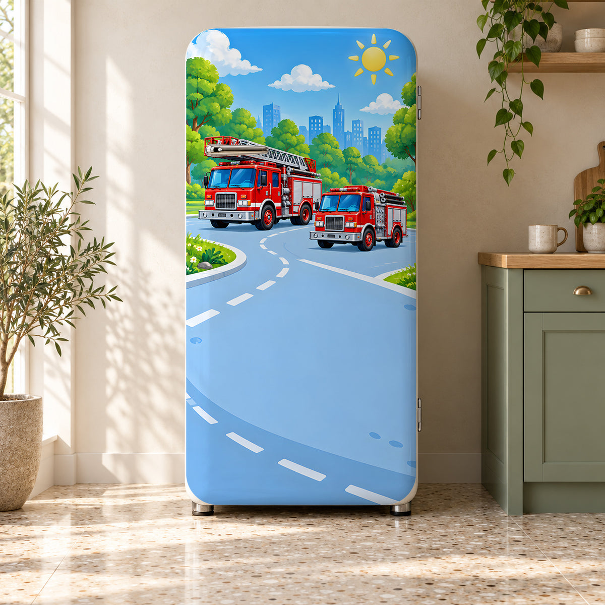 Fire Trucks fridge wrap on a retro refrigerator