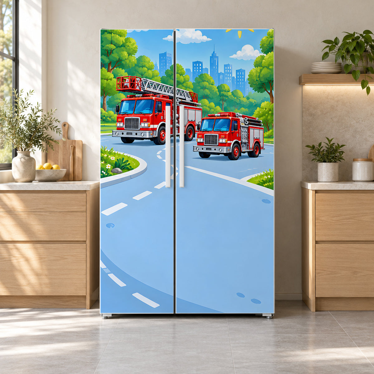 Fire Trucks fridge wrap on a side-by-side refrigerator